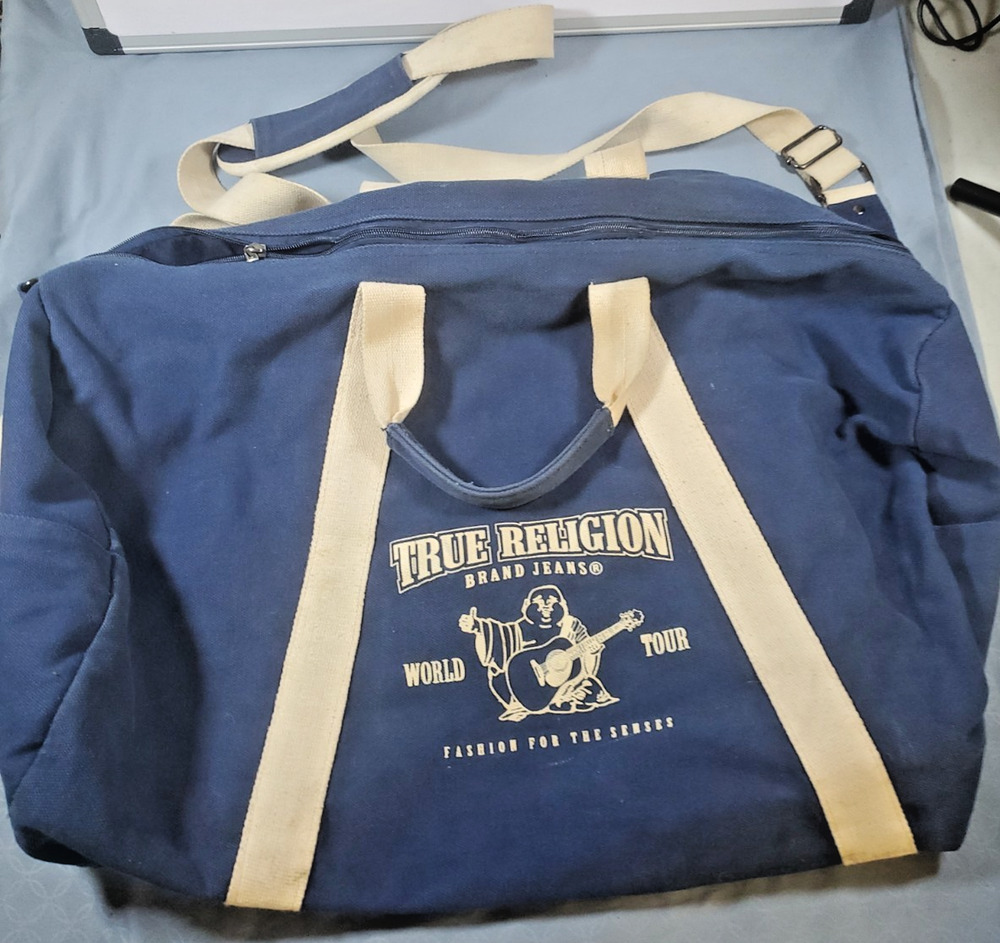True Religion Canvas Duffle Bag Blue Cream World Tour Buddha Travel Gym Y2K